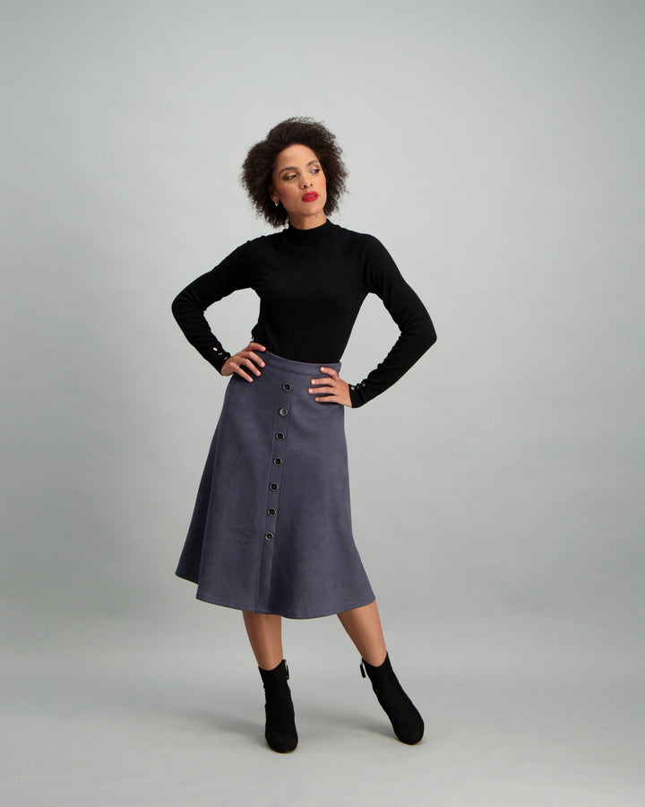 Ladies Button Though Suede Skirt - Blue
