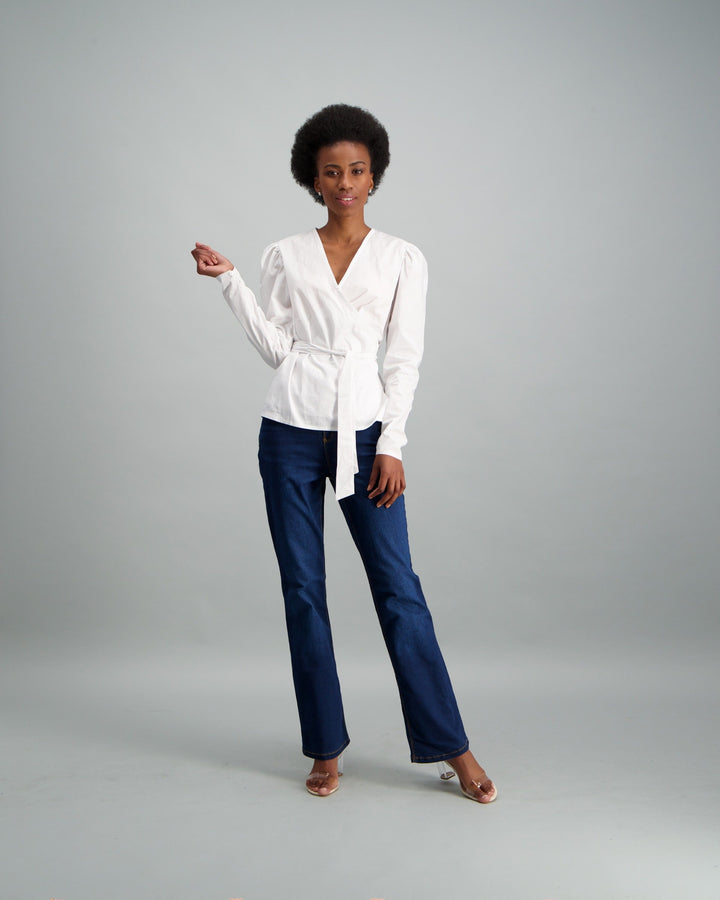 Ladies-Puff Sleeve Poplin Wrap Blouse White