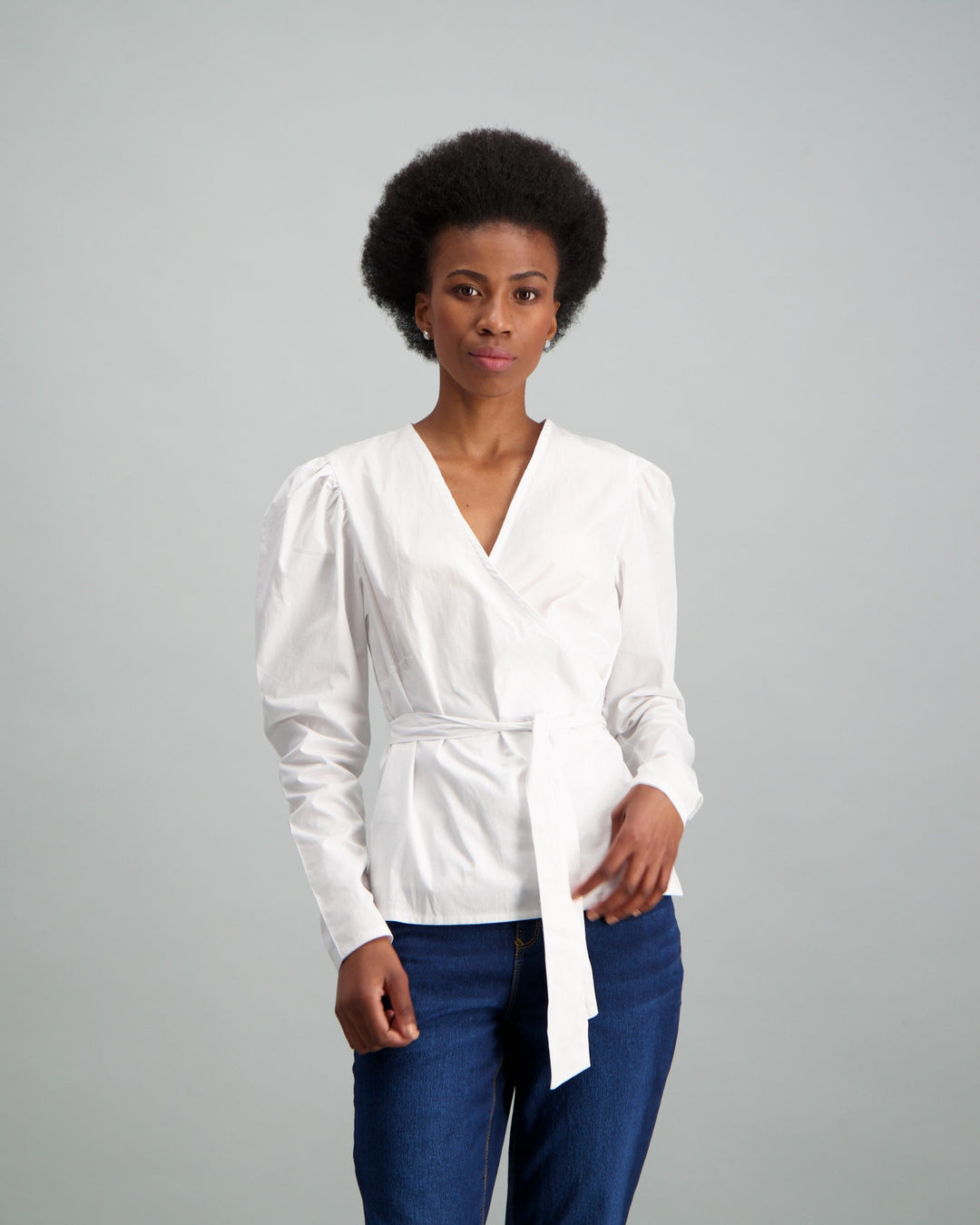 Ladies-Puff Sleeve Poplin Wrap Blouse White