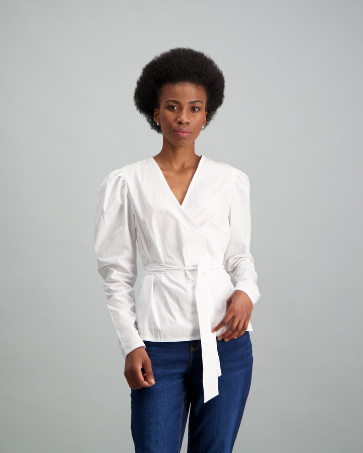 Ladies-Puff Sleeve Poplin Wrap Blouse White
