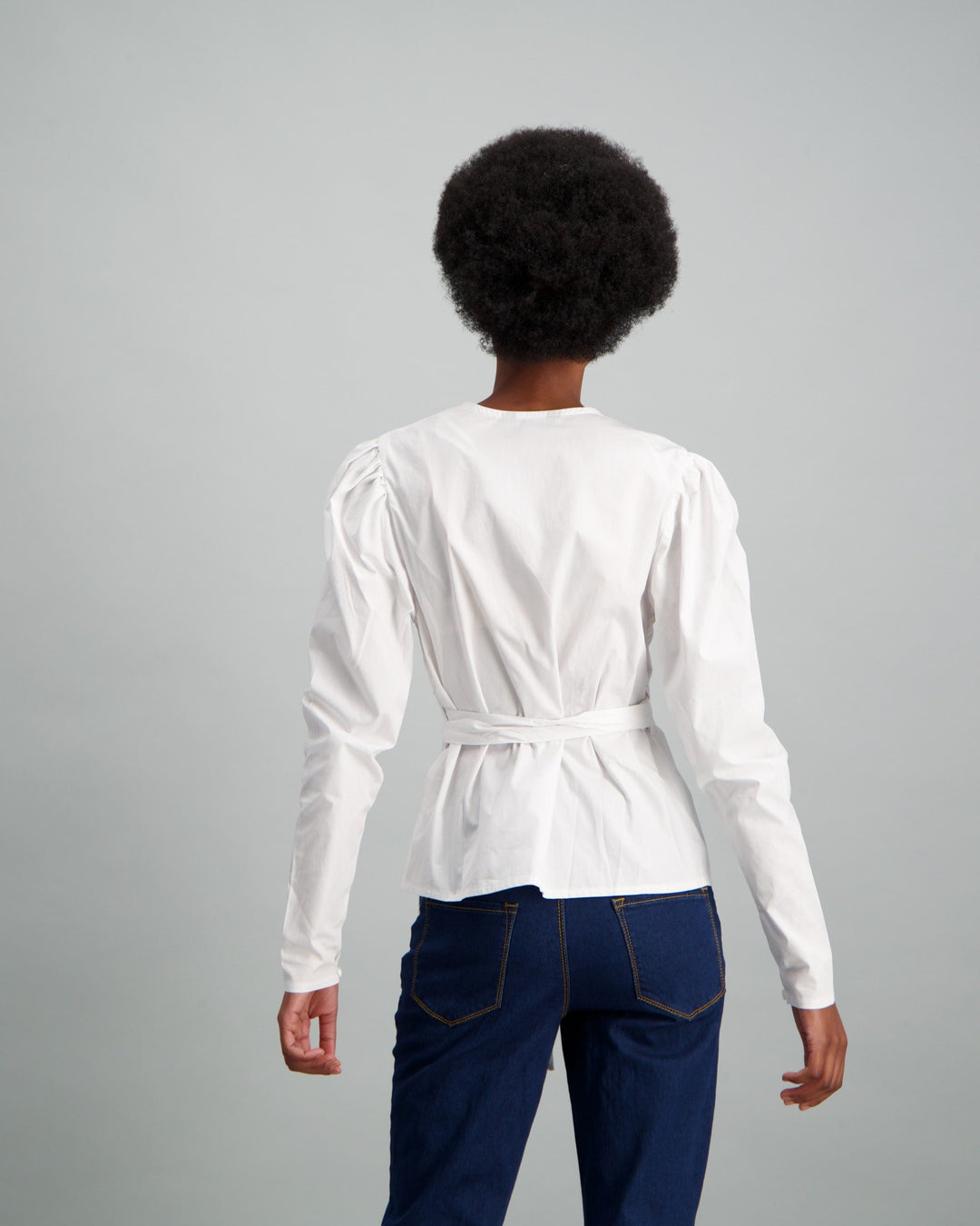 Ladies-Puff Sleeve Poplin Wrap Blouse White