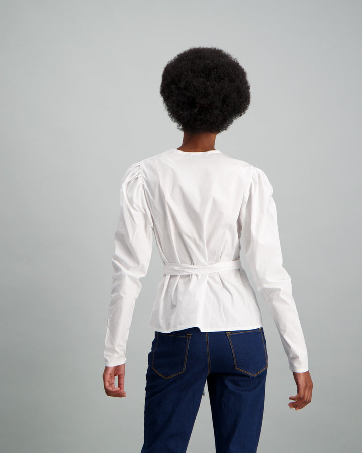 Ladies-Puff Sleeve Poplin Wrap Blouse White