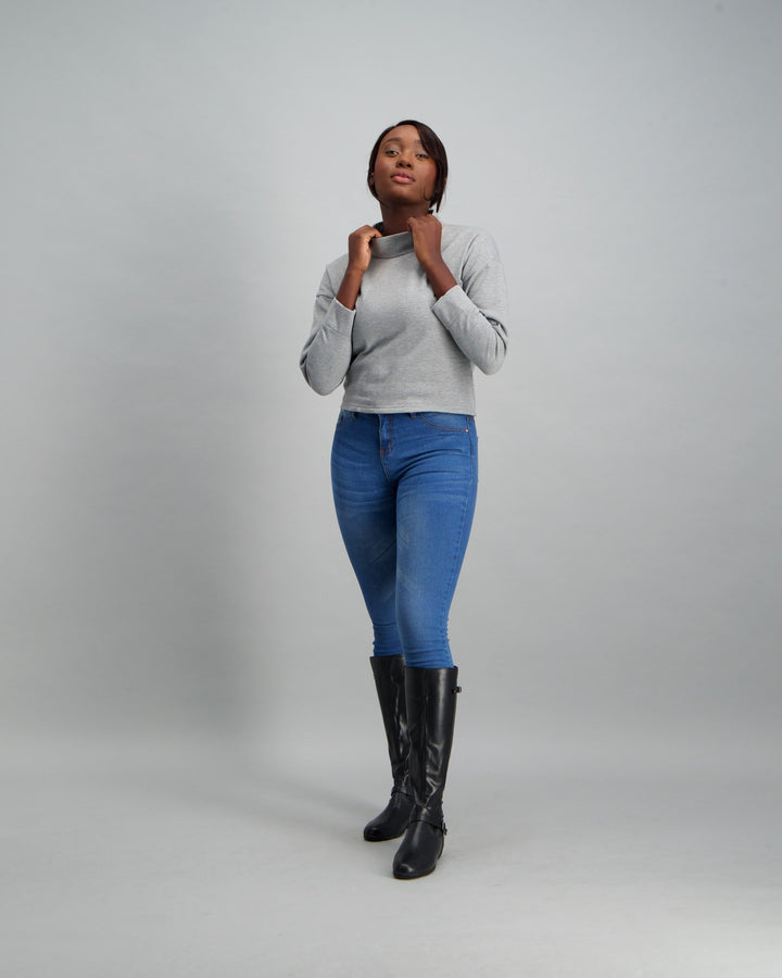 Ladies Polo-neck Sweat Top - Grey Melange