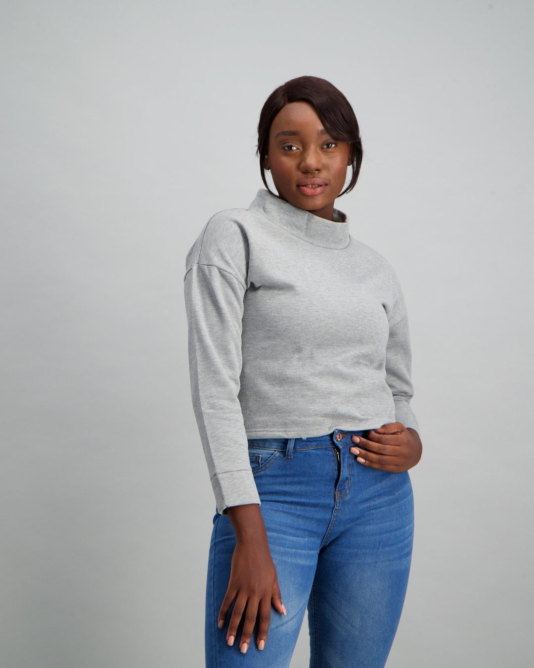 Ladies Polo-neck Sweat Top - Grey Melange