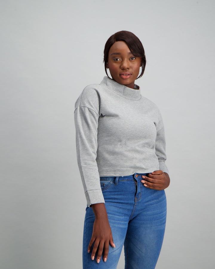 Ladies Polo-neck Sweat Top - Grey Melange