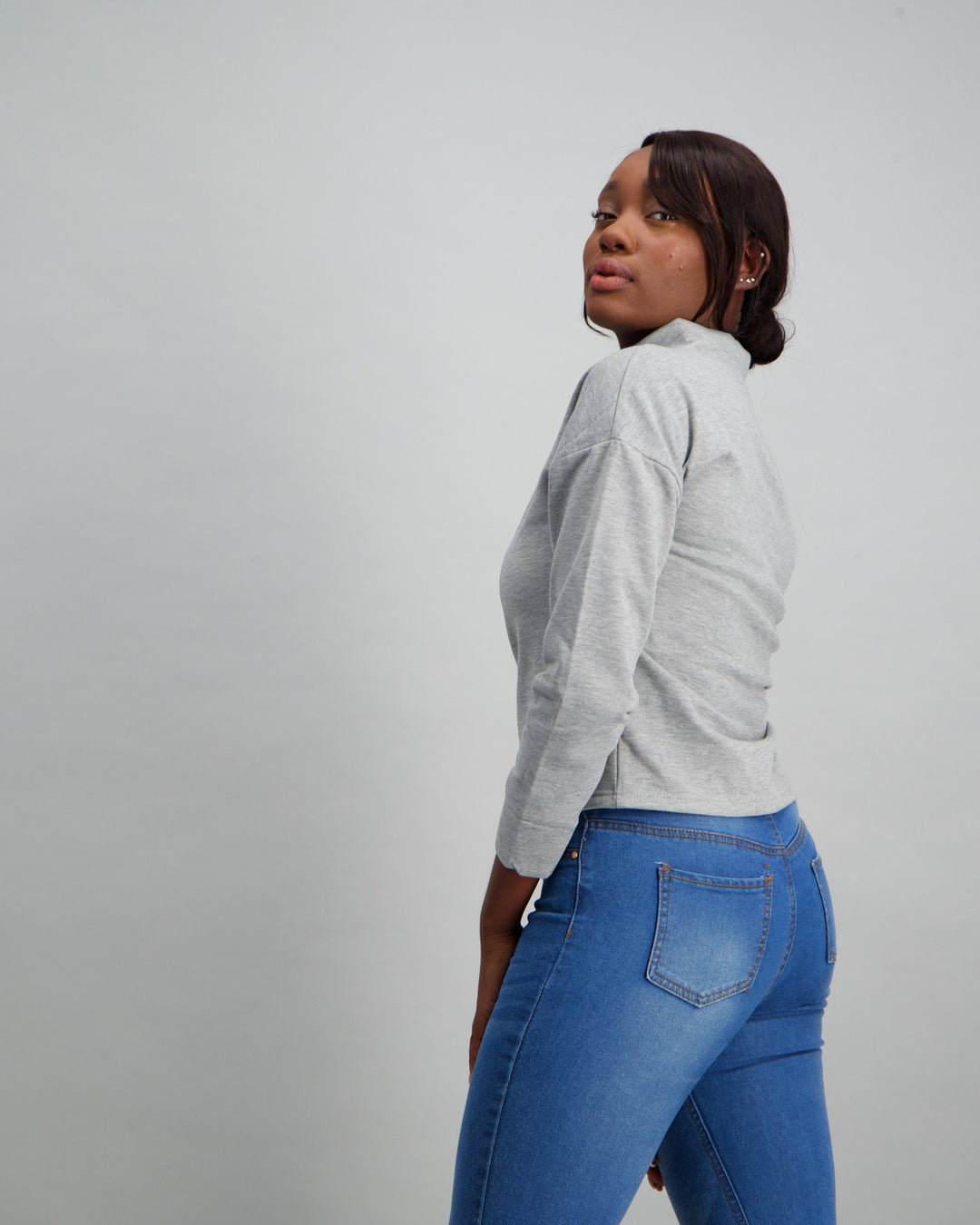 Ladies Polo-neck Sweat Top - Grey Melange