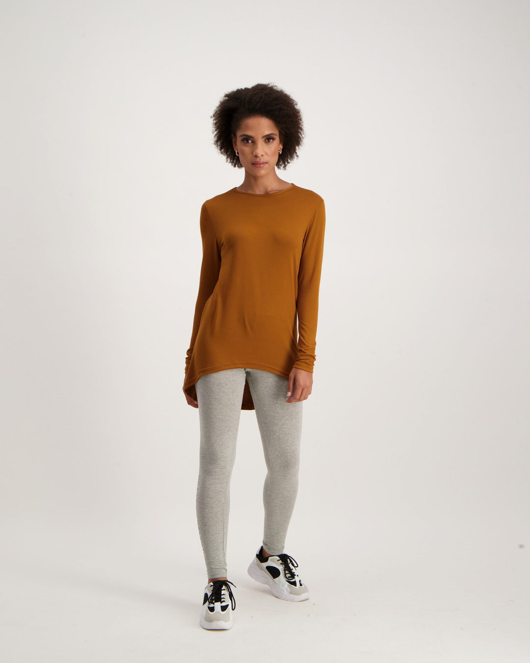 Ladies-Long Sleeve Longer Length Top - Tan