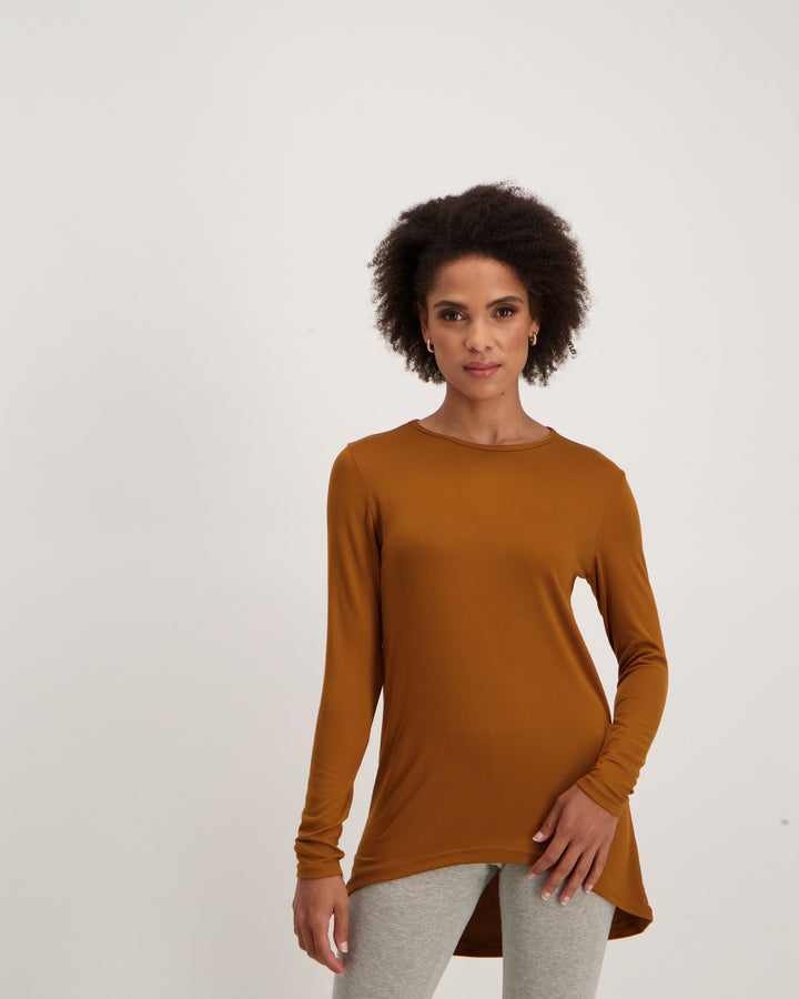 Ladies-Long Sleeve Longer Length Top - Tan
