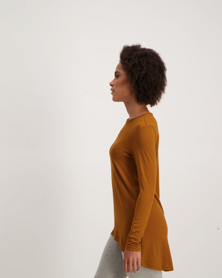 Ladies-Long Sleeve Longer Length Top - Tan