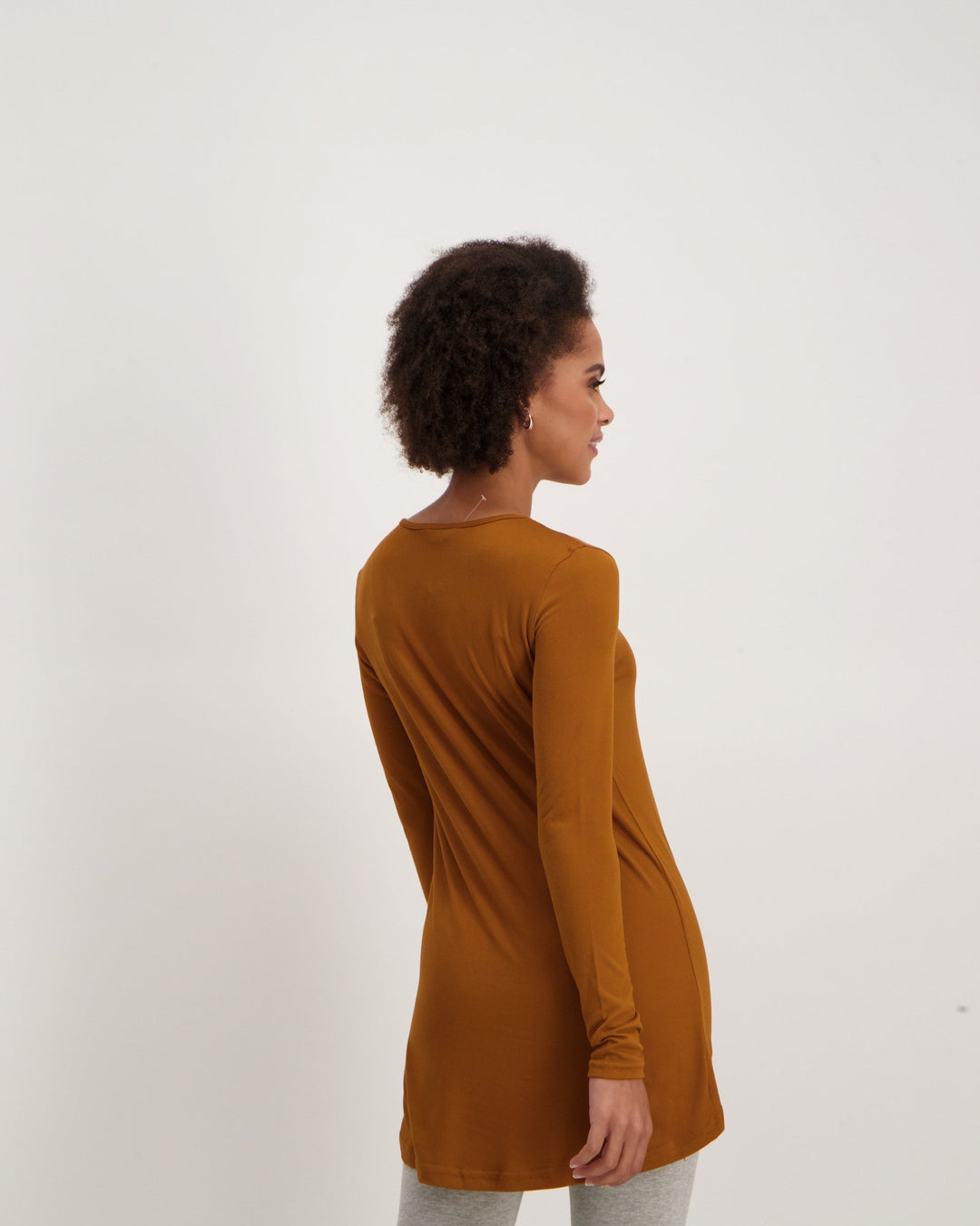 Ladies-Long Sleeve Longer Length Top - Tan