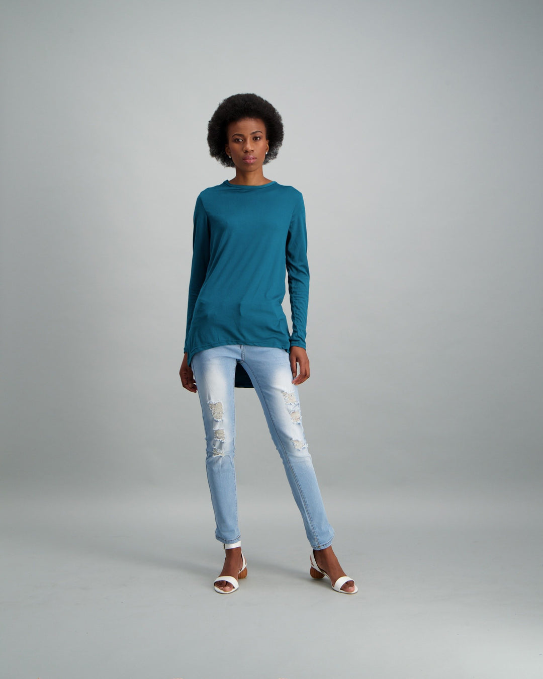 Ladies-Long Sleeve Longer Length Top - Teal