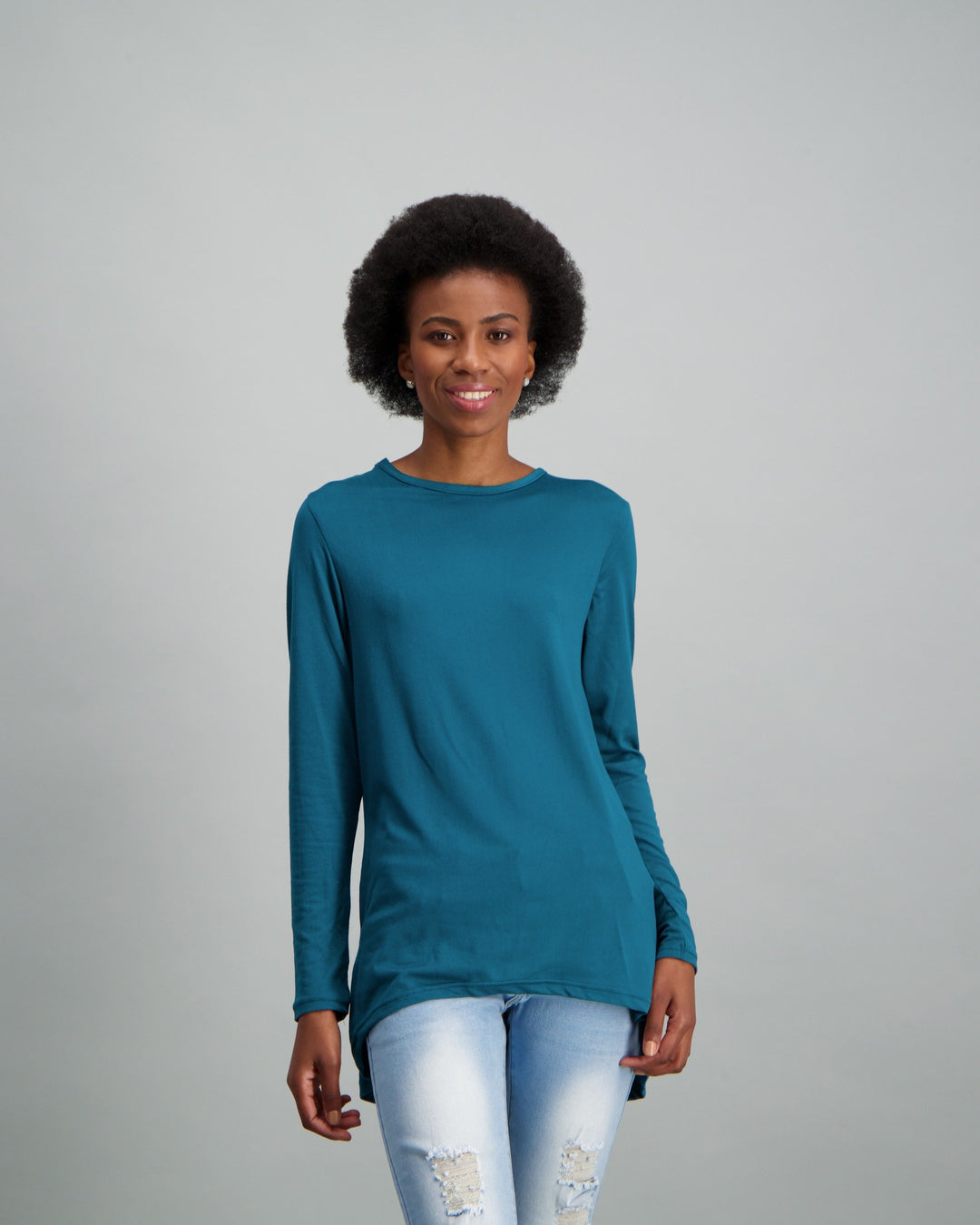 Ladies-Long Sleeve Longer Length Top - Teal
