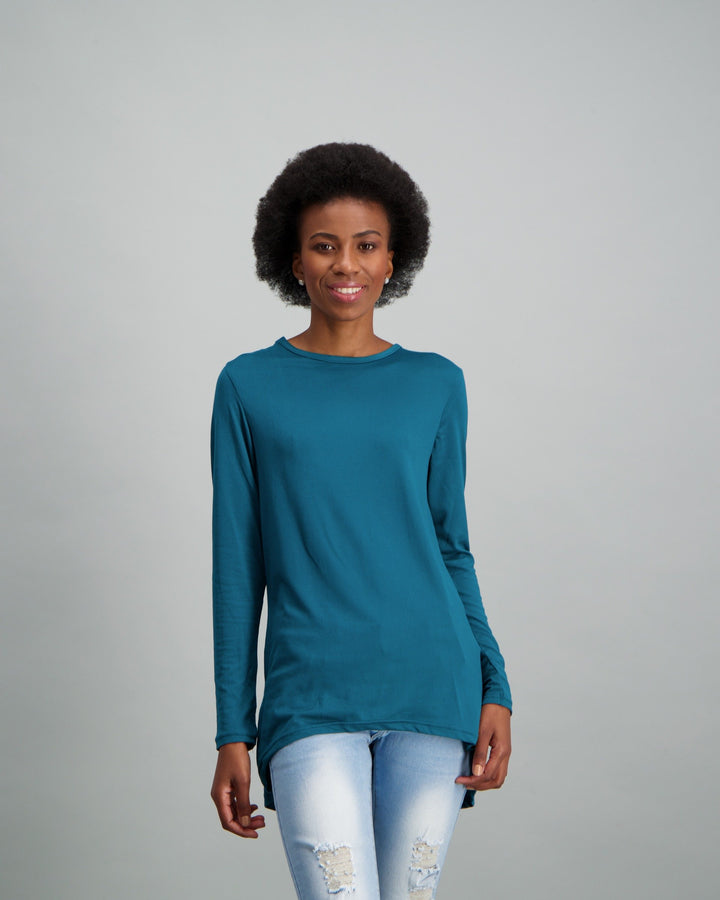 Ladies-Long Sleeve Longer Length Top - Teal