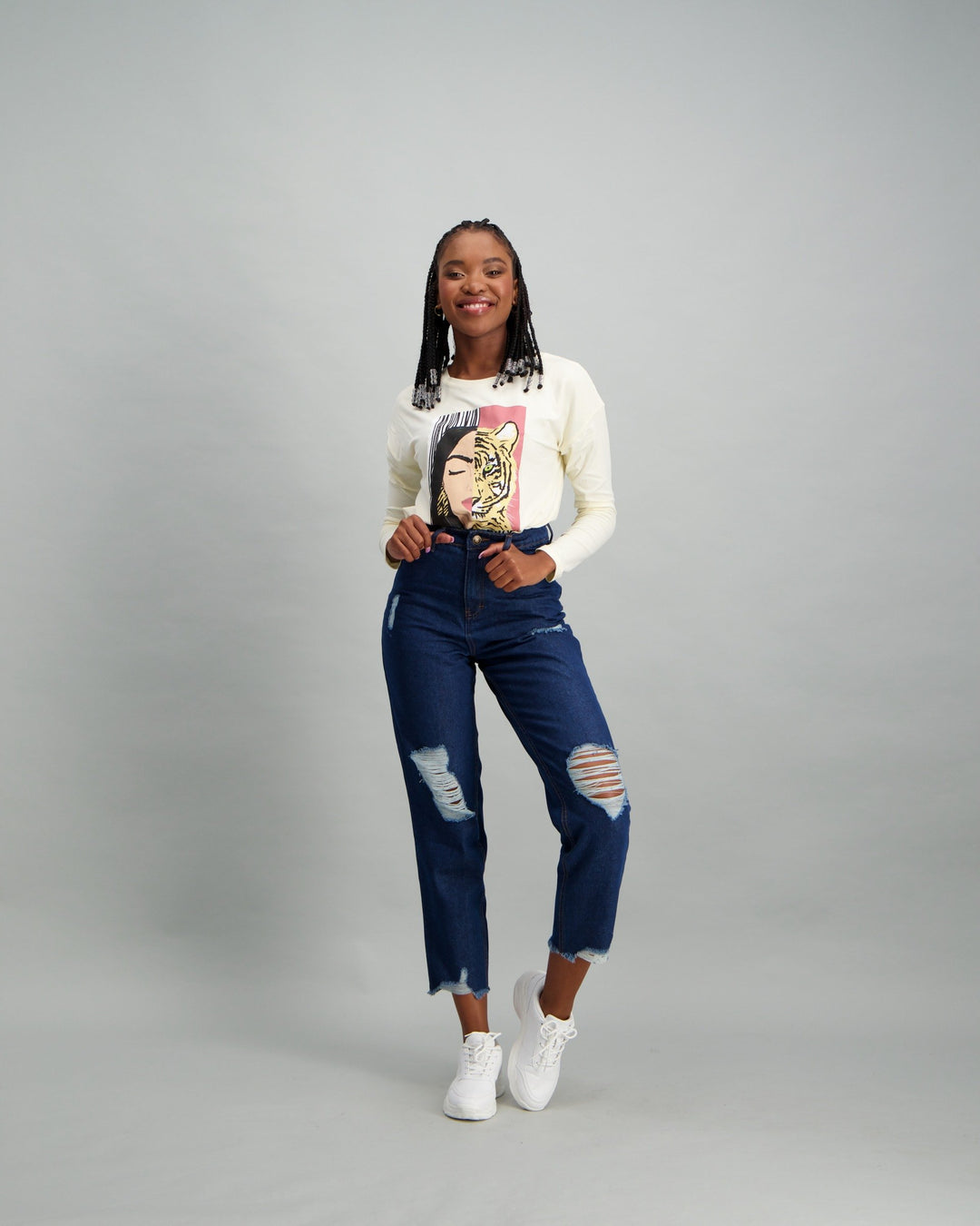 Ladies Long Sleeve Tiger Print Graphic T-Shirt - Cream