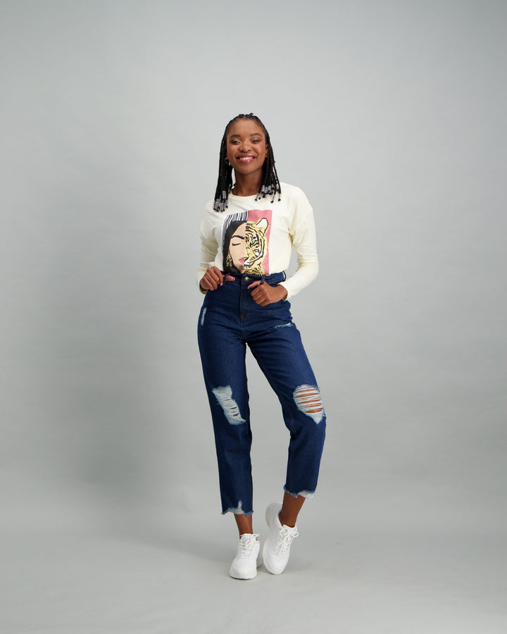 Ladies Long Sleeve Tiger Print Graphic T-Shirt - Cream