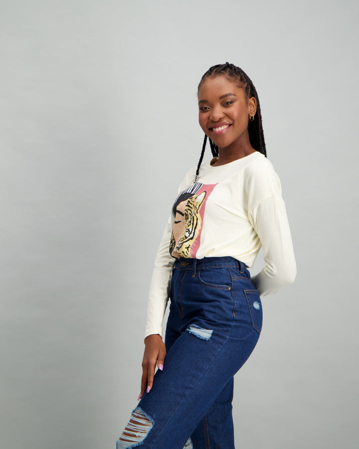 Ladies Long Sleeve Tiger Print Graphic T-Shirt - Cream