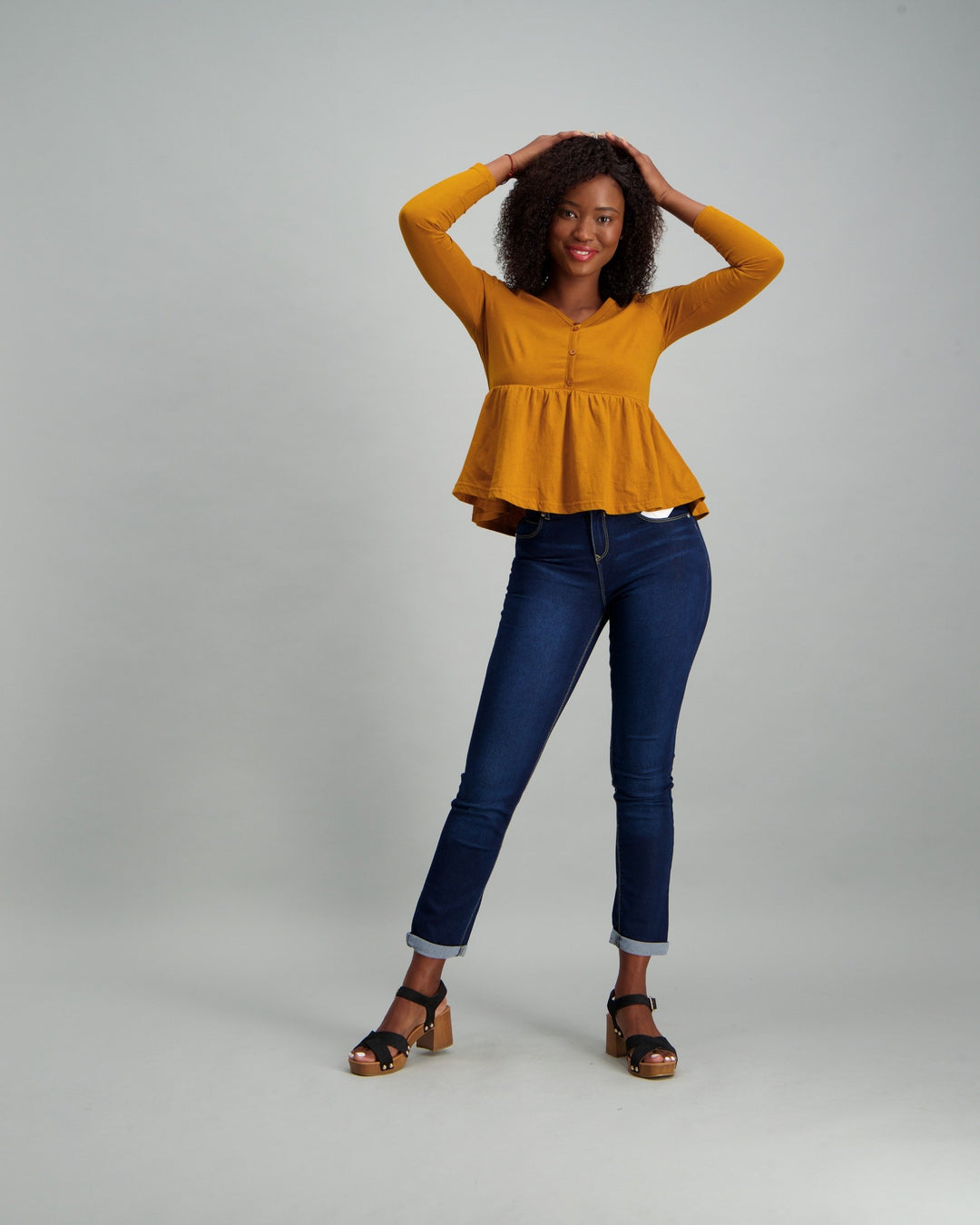 Ladies Buttoned Peplum Top - Mustard