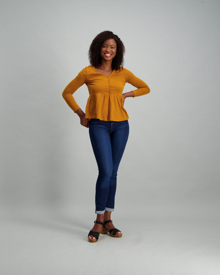 Ladies Buttoned Peplum Top - Mustard