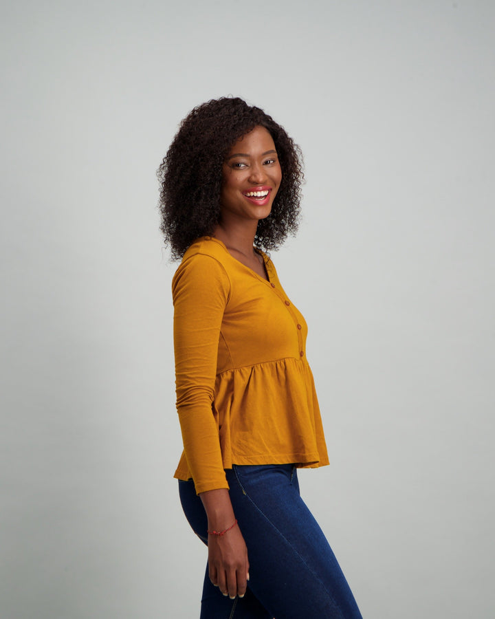 Ladies Buttoned Peplum Top - Mustard