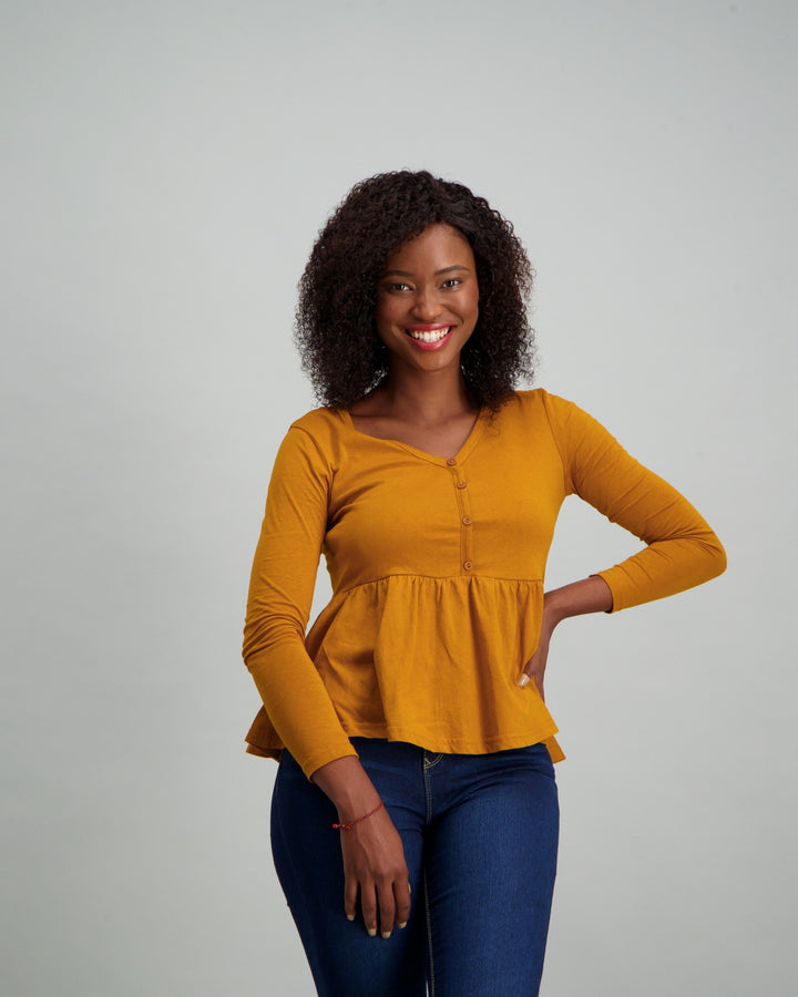Ladies Buttoned Peplum Top - Mustard