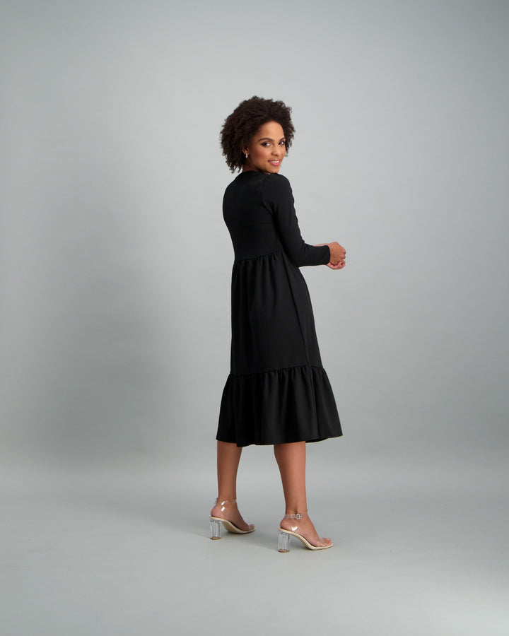 Ladies-Long Sleeve Ponte Tiered Midi Dress - Black
