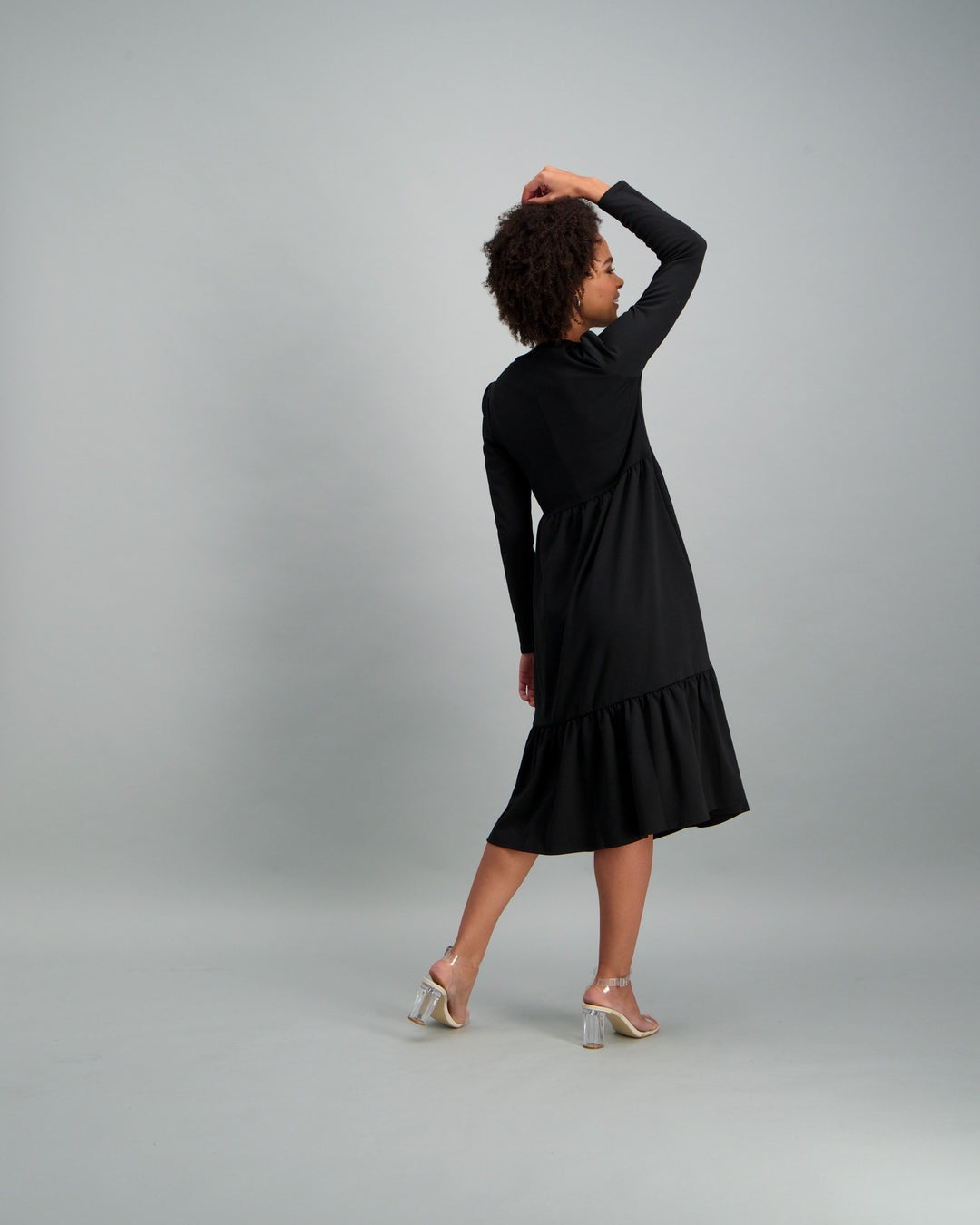 Ladies-Long Sleeve Ponte Tiered Midi Dress - Black