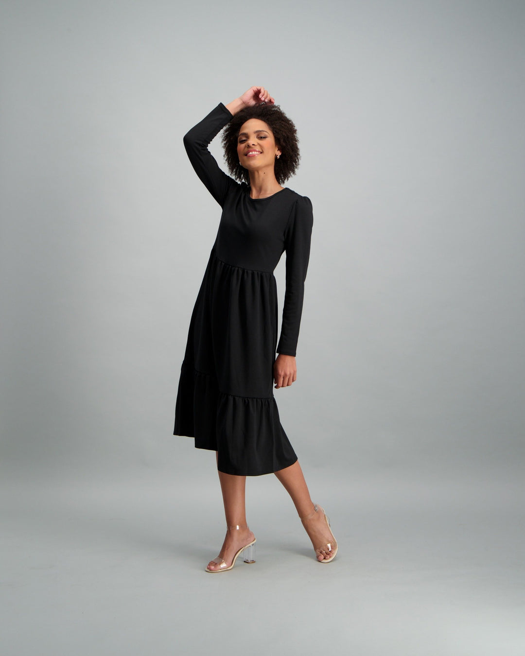 Ladies-Long Sleeve Ponte Tiered Midi Dress - Black