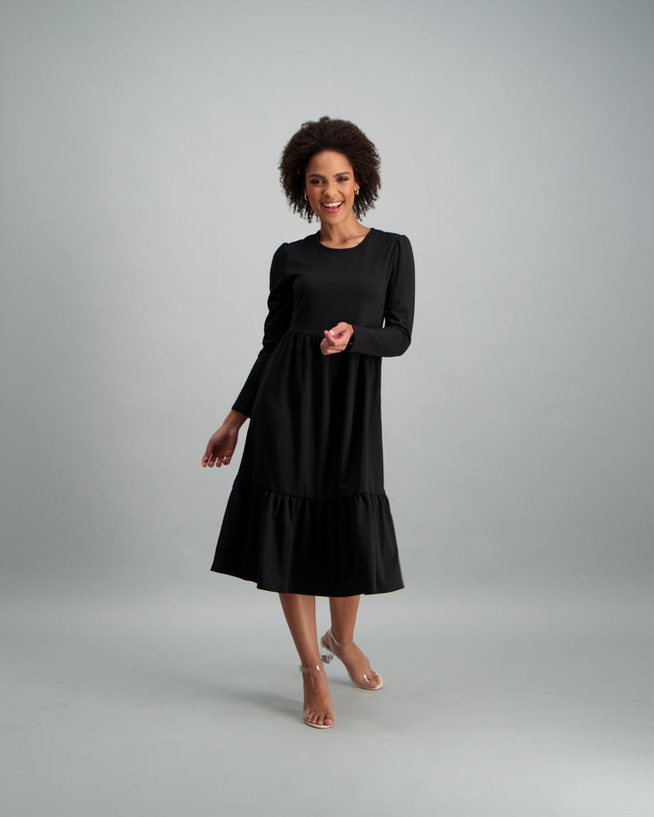 Ladies-Long Sleeve Ponte Tiered Midi Dress - Black