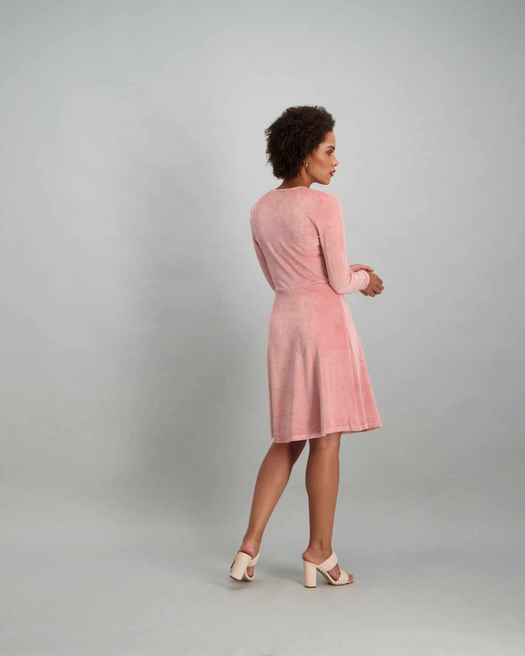 Ladies Long Sleeve Rib Knit Dress - Blush