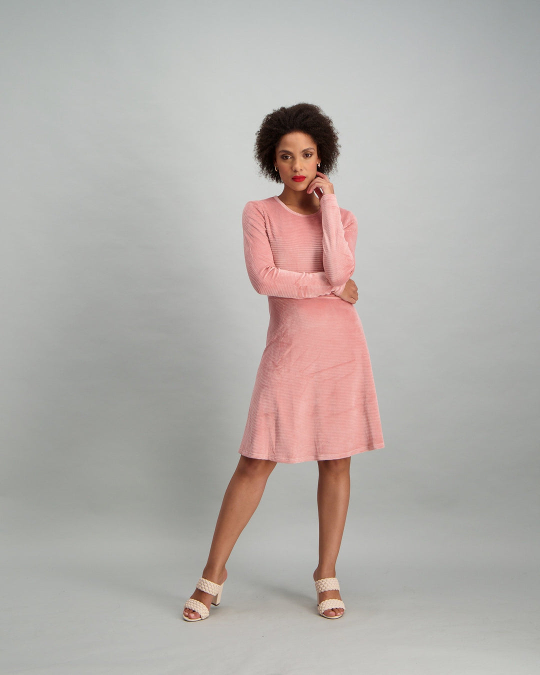 Ladies Long Sleeve Rib Knit Dress - Blush
