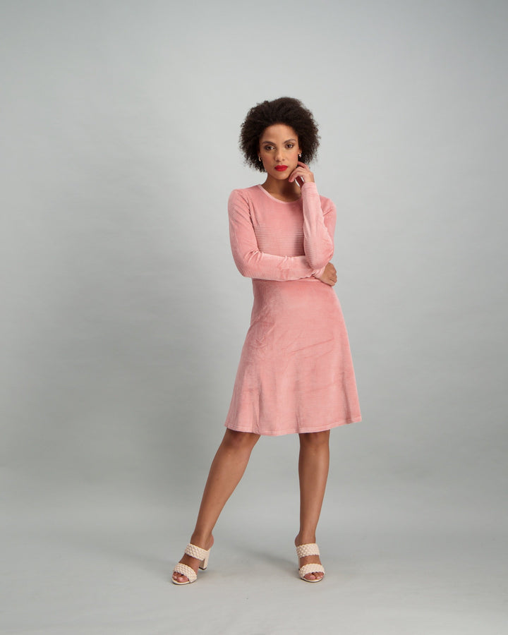 Ladies Long Sleeve Rib Knit Dress - Blush
