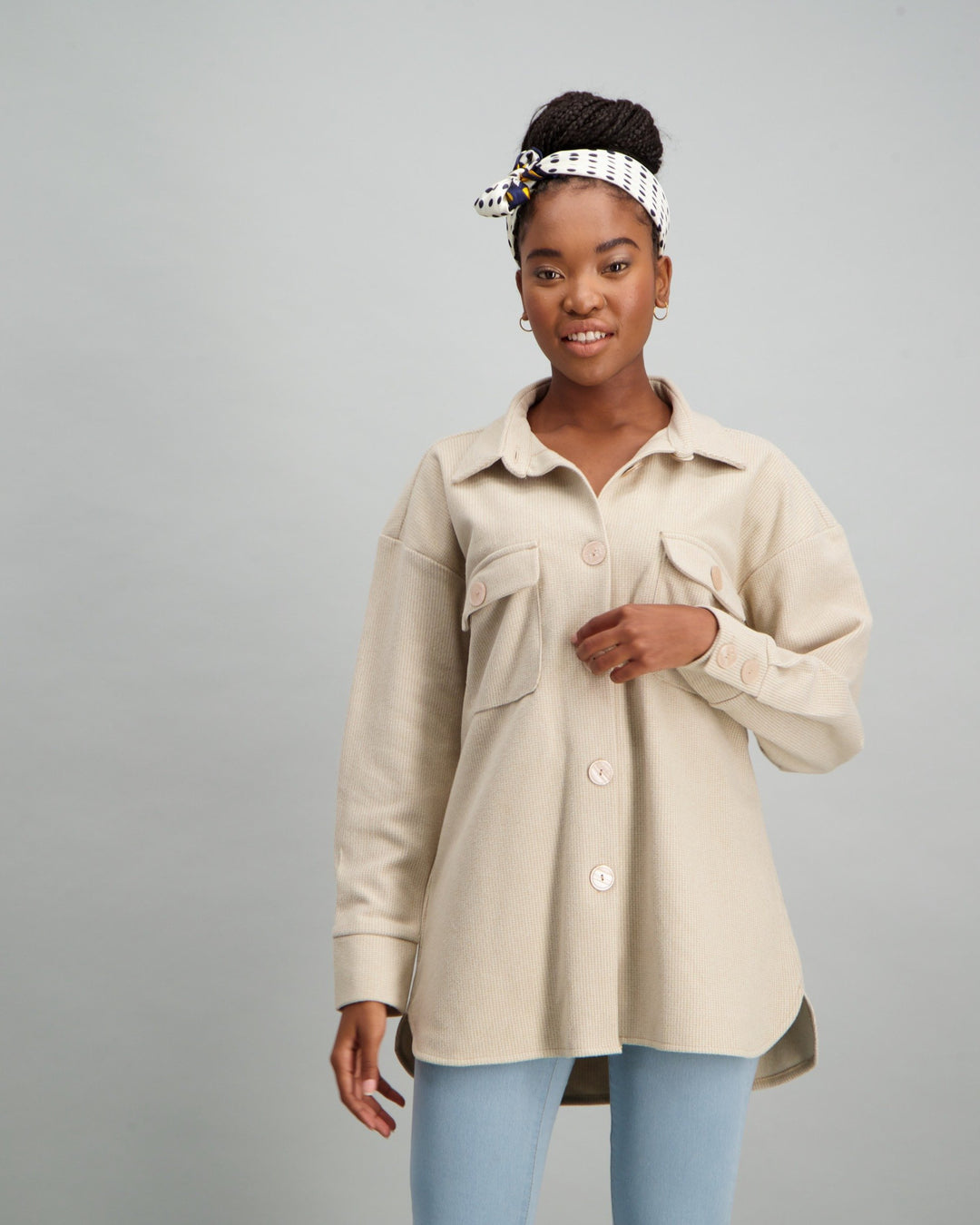 Ladies Plaid Shacket Stone - Main Image