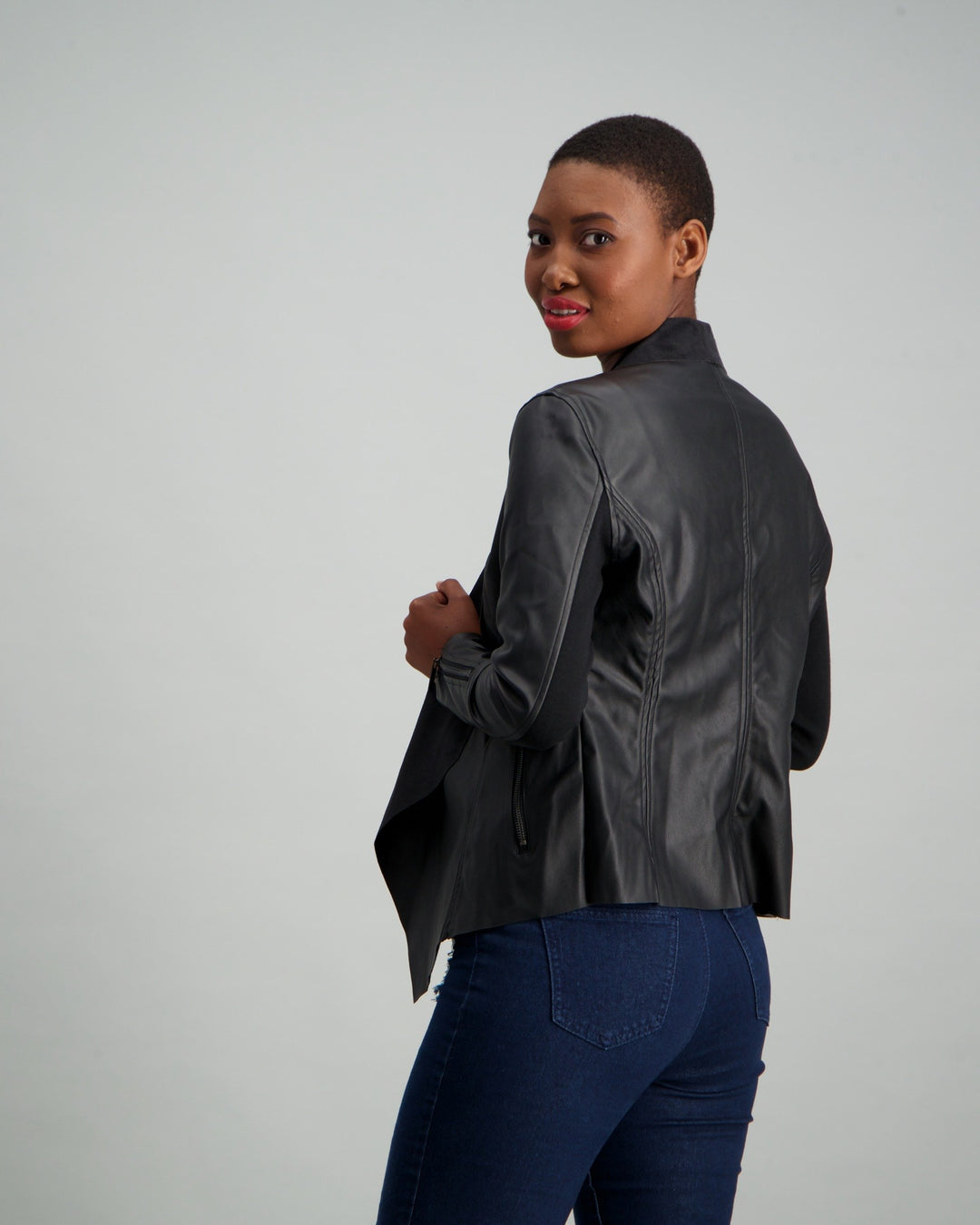 Ladies Faux Leather Waterfall Jacket - Black