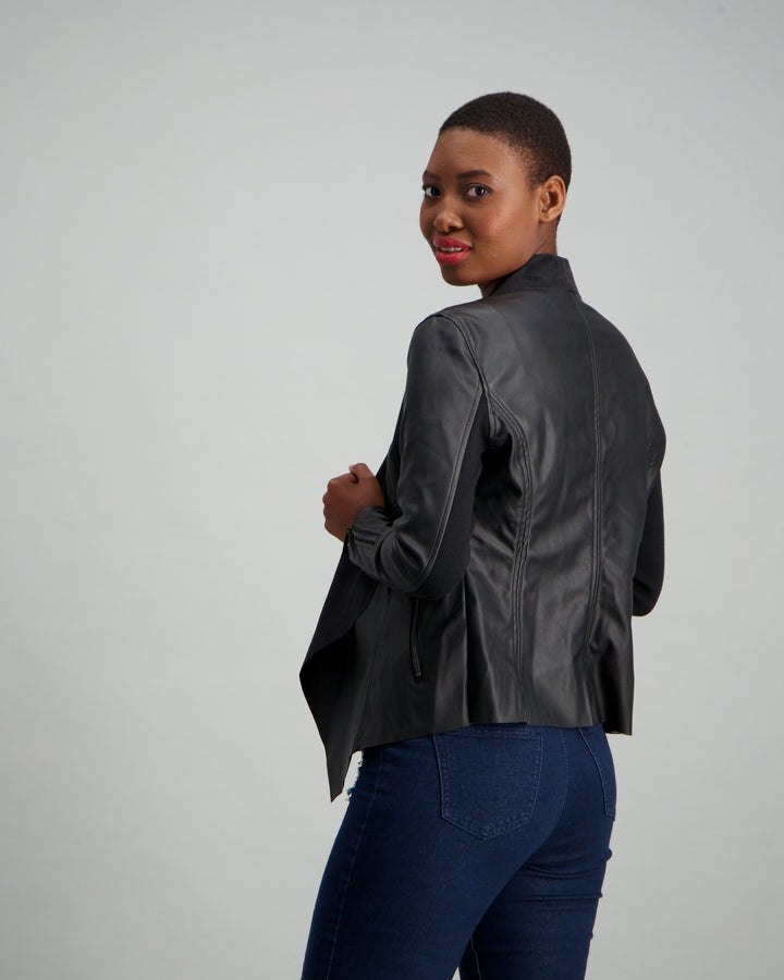 Ladies Faux Leather Waterfall Jacket - Black