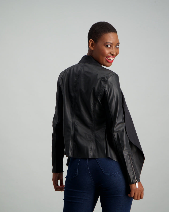 Ladies Faux Leather Waterfall Jacket - Black