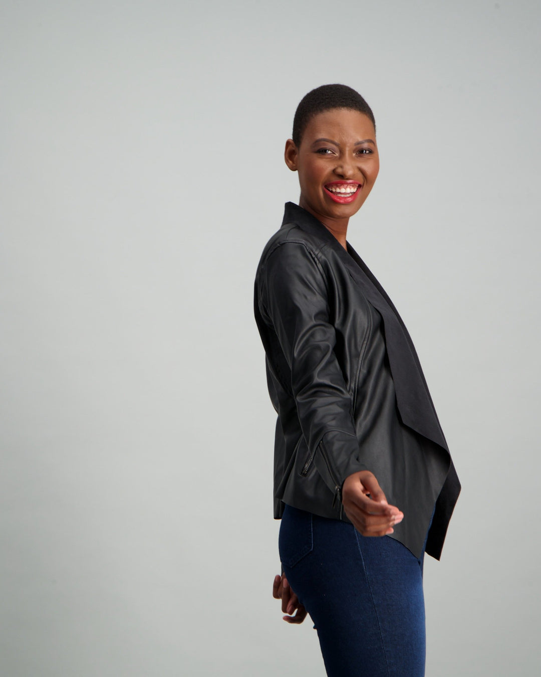 Ladies Faux Leather Waterfall Jacket - Black