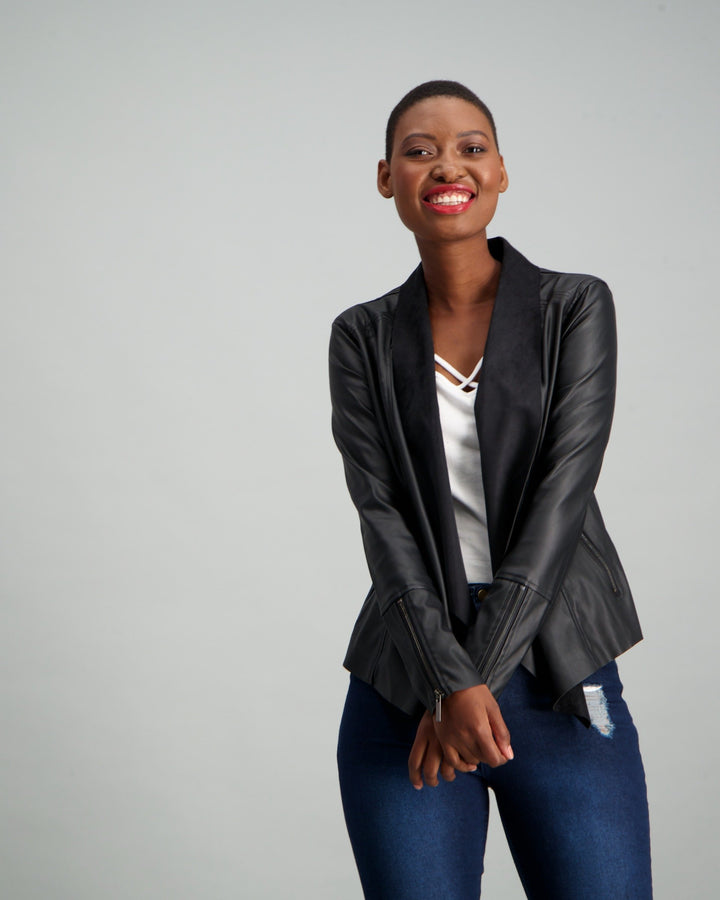 Ladies Faux Leather Waterfall Jacket - Black