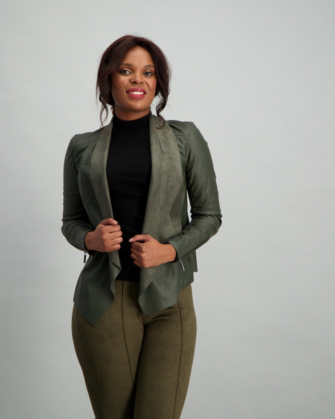 Ladies Faux Leather Waterfall Jacket - Fatigue