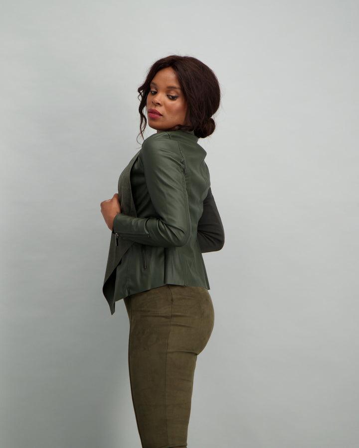 Ladies Faux Leather Waterfall Jacket - Fatigue