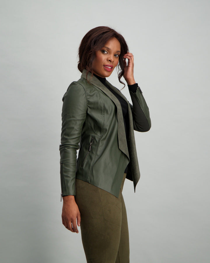 Ladies Faux Leather Waterfall Jacket - Fatigue