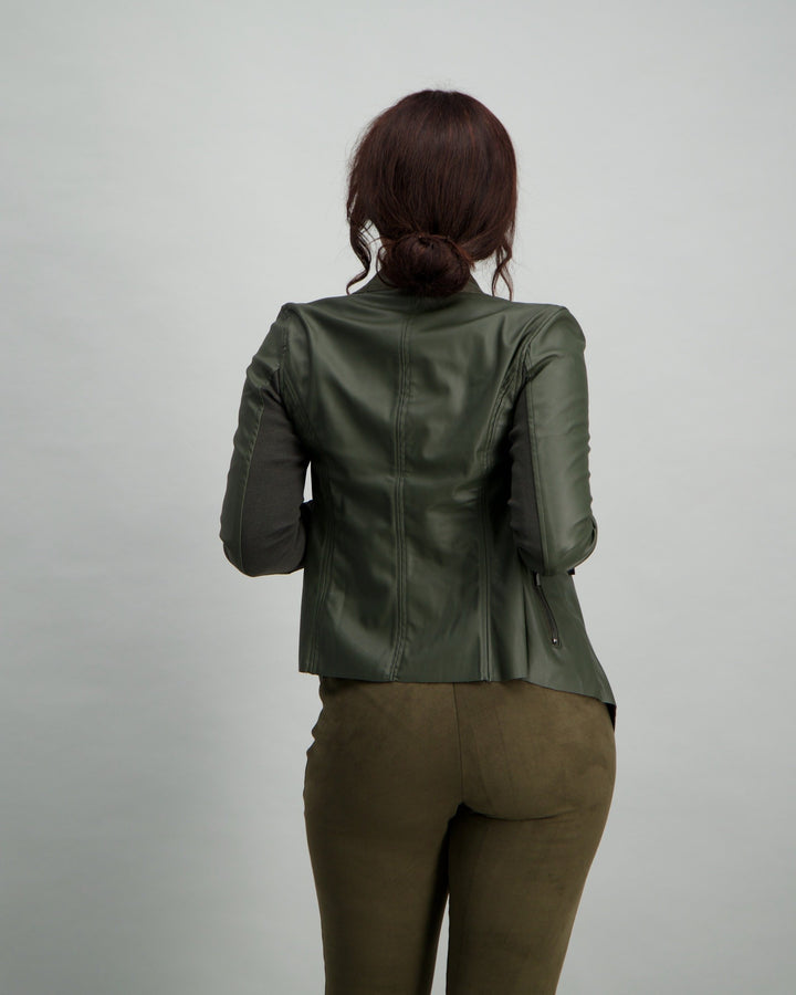 Ladies Faux Leather Waterfall Jacket - Fatigue