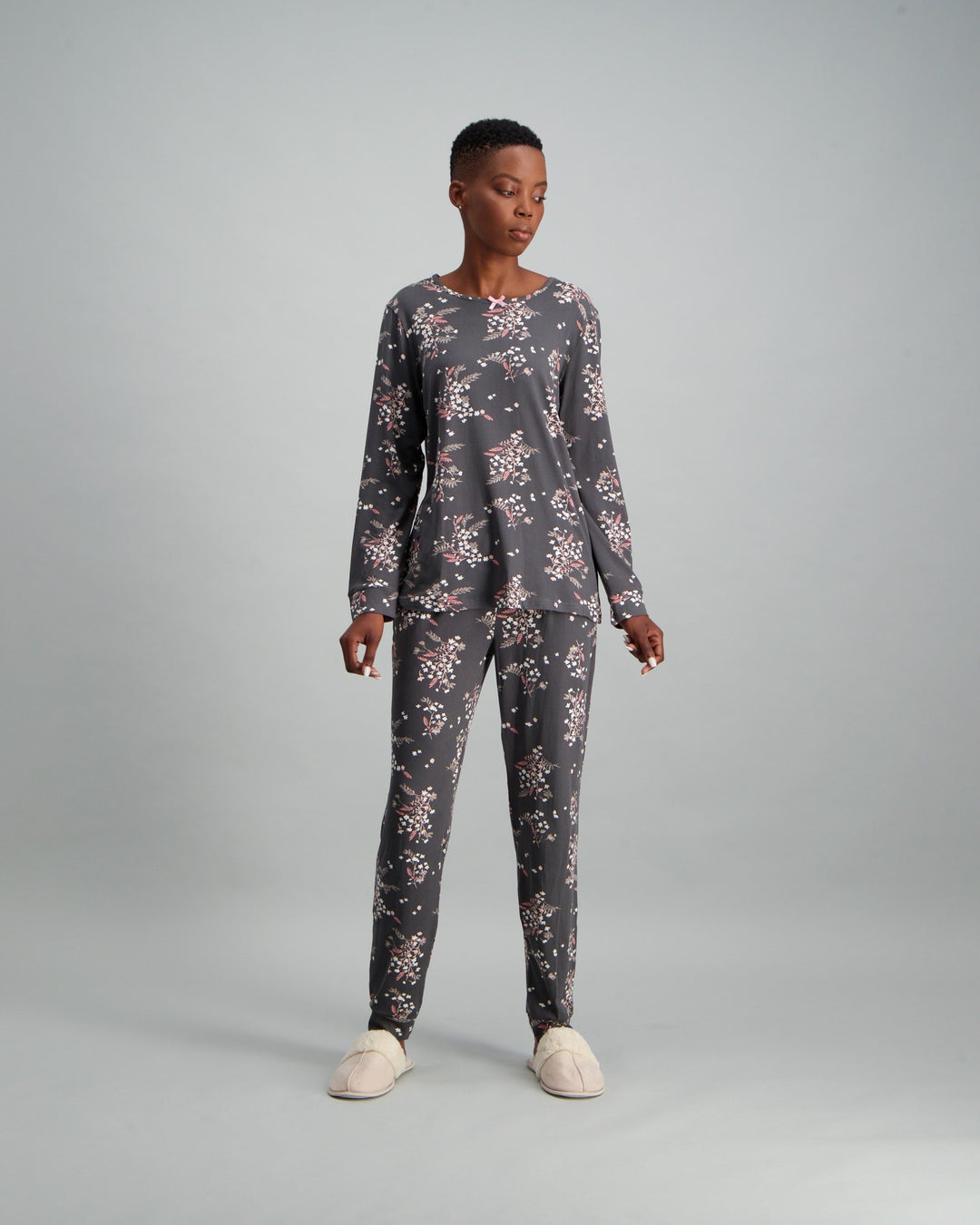 Ladies Long Sleeve Printed Pyjama Set - Charcoal