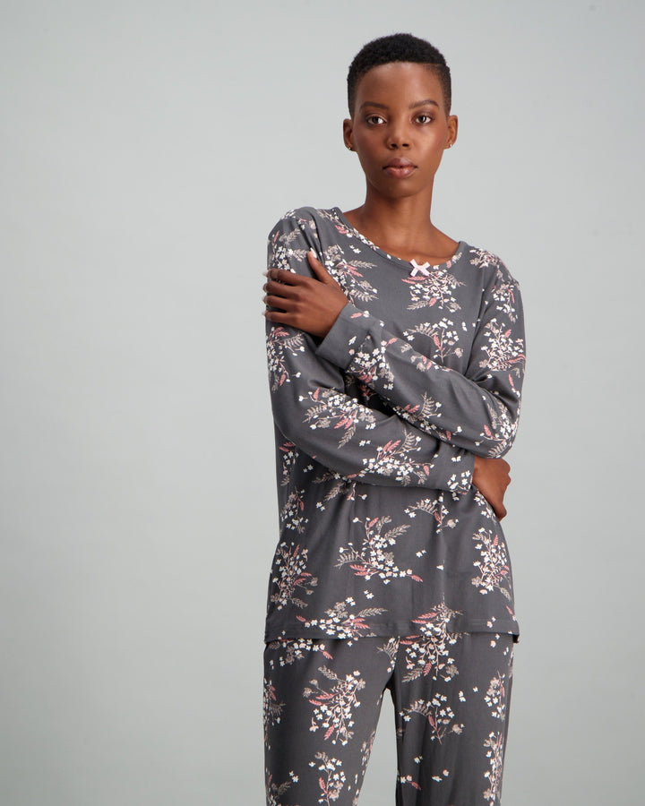 Ladies Long Sleeve Printed Pyjama Set - Charcoal