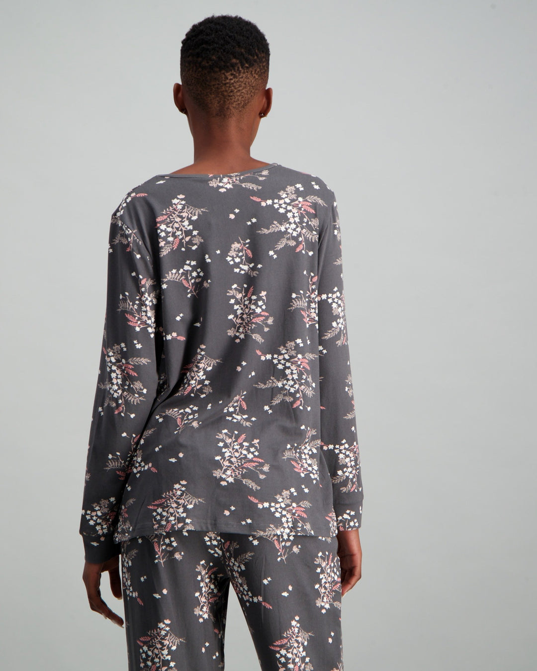 Ladies Long Sleeve Printed Pyjama Set - Charcoal