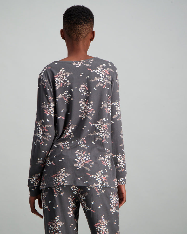 Ladies Long Sleeve Printed Pyjama Set - Charcoal
