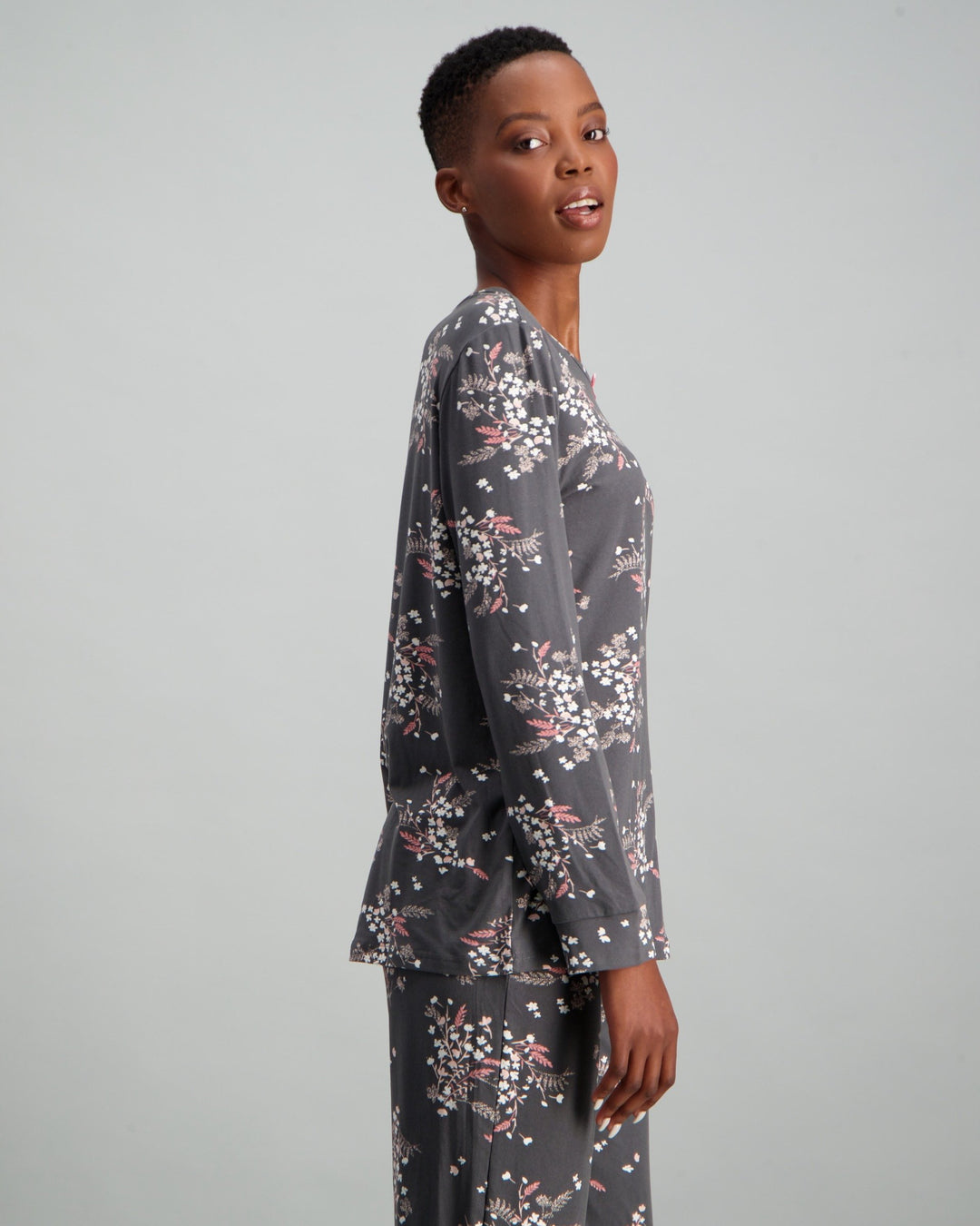 Ladies Long Sleeve Printed Pyjama Set - Charcoal