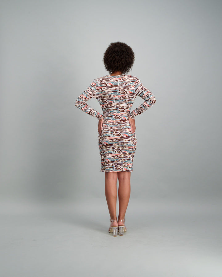 Ladies-Printed Draped Long Sleeve Dress Animal Print