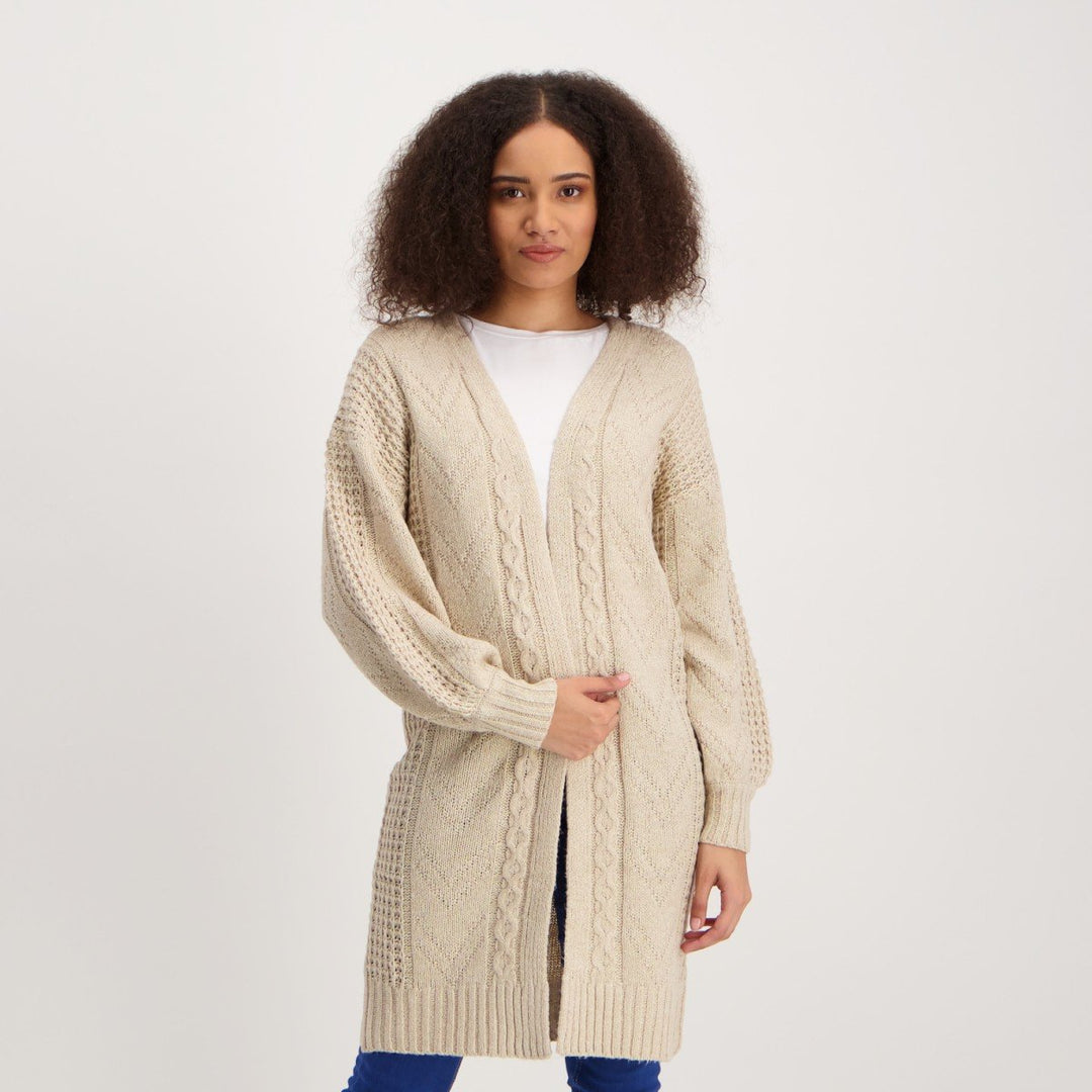 Ladies Longer Length Cable Cardigan - Oatmeal