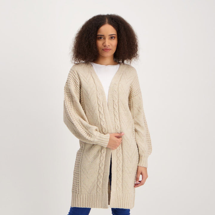Ladies Longer Length Cable Cardigan - Oatmeal