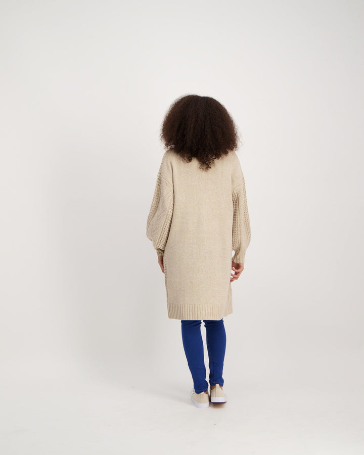 Ladies Longer Length Cable Cardigan - Oatmeal